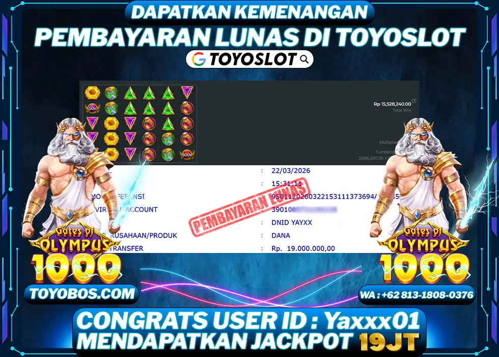 TOYOSLOT - BUKTI KEMENANGAN Gates Of Olympus x1000 Rp19,000,000,- LUNAS